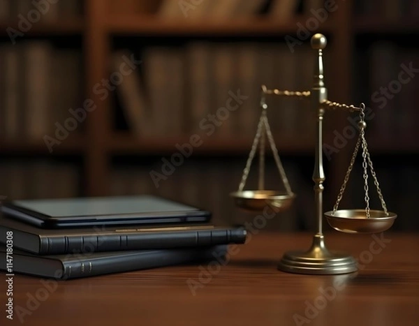 Fototapeta A golden justice scale placed on a wooden table beside a stack of law books.