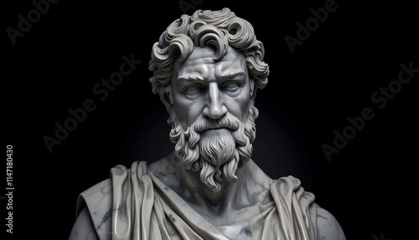 Fototapeta Classic marble sculpture of a muscular figure in a relaxed pose with intricate drapery and expression, roman scholar statue close up portrait on plain black background