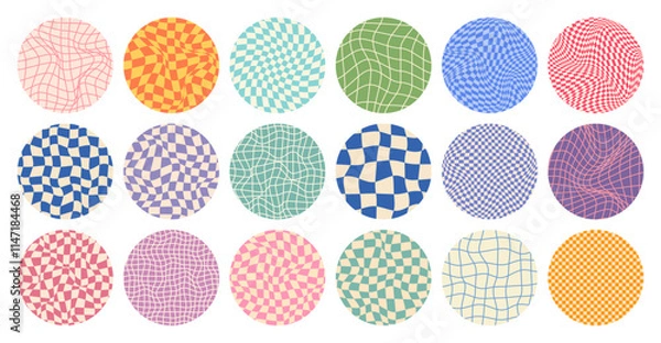 Fototapeta Groovy checkered pattern, round colorful tiled grid. Vintage wavy curved backdrop, distortion effect. Funky geometric chessboard texture, retro background in 90s style, y2k. Vector illustration