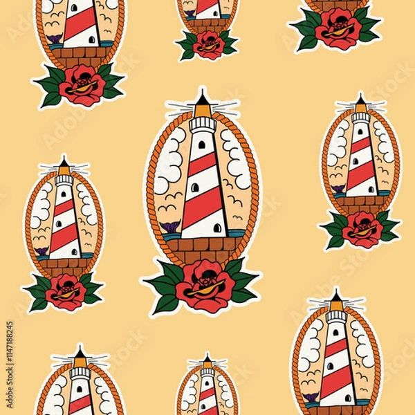 Fototapeta old school, colorful lighthouse illustration pattern