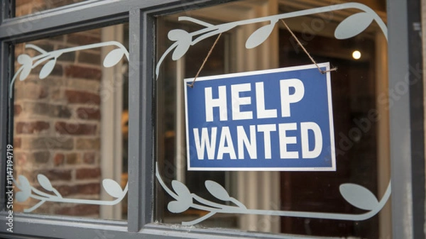 Fototapeta Close-up of a 'Help Wanted' flyer displayed in a storefront window, inviting job seekers to apply for open positions. The sign is framed by reflections of the surrounding environment