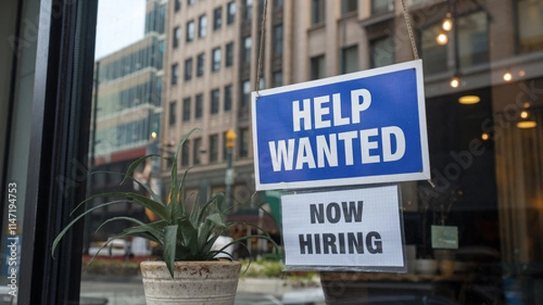 Obraz Close-up of a 'Help Wanted' flyer displayed in a storefront window, inviting job seekers to apply for open positions. The sign is framed by reflections of the surrounding environment