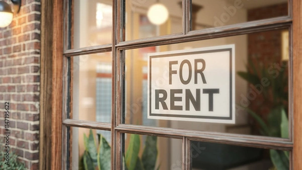 Obraz Close-up of a 'For Rent' flyer taped inside an apartment window, advertising an available rental unit. The flyer is visible against a backdrop of an office space and a brick wall through the glass