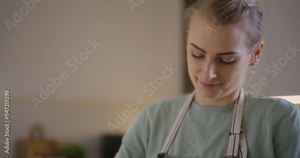 Obraz Woman working in kitchen preparing bread dough