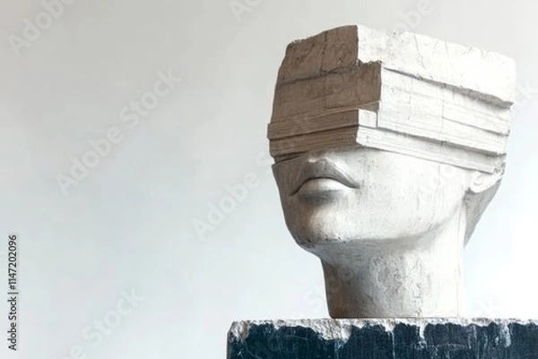 Fototapeta A sculpted head with layered blocks obscuring the eyes, symbolizing perception and clarity.