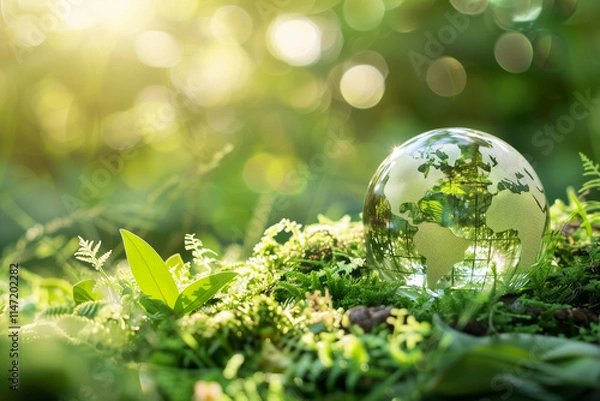 Fototapeta A glass globe sphere is surrounded by nature and plants, referencing a sustainable future for planet Earth.