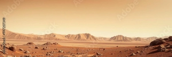 Fototapeta Rugged and desolate red planet with arid rocky hills and mountains for space exploration and science fiction backgrounds, rocky terrain, Mars, arid landscape