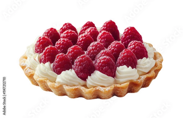 Fototapeta Beautiful tartlet with white cream and fresh raspberries on a transparent background