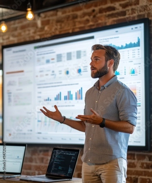 Fototapeta A man presents data in a meeting room with charts displayed on a large screen.