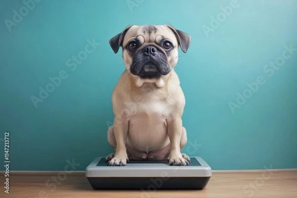 Fototapeta A pug sitting on a scale against a teal background, likely for weighing or health monitoring.