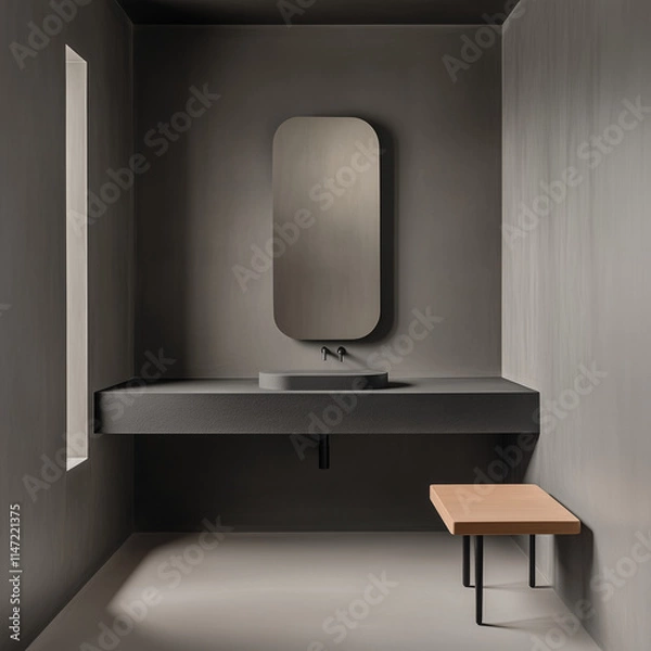 Fototapeta Dark Moody Bathroom with a Frameless Asymmetric Mirror - Sophisticated and Bold
