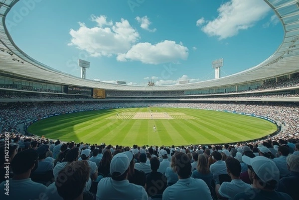 Fototapeta A panoramic view of a cricket match in a stadium filled with spectators.