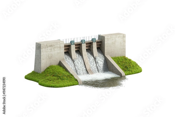 Fototapeta A concrete dam with multiple sluice gates releasing water onto grassy terrain.
