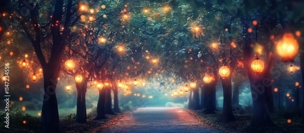 Fototapeta Magical autumn lane with glowing lanterns hanging from trees.