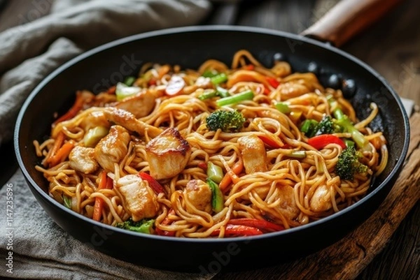 Fototapeta Delicious chicken stir-fry with noodles and mixed vegetables in a black pan.