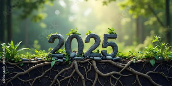 Fototapeta 
New Year's Card with Stones and entwined with plant roots, forest and stone mountain background, and big number "2025" in the cente