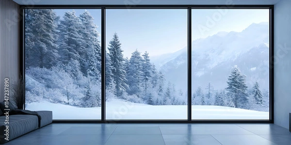 Fototapeta A modern interior view showcasing a snowy mountain landscape through large glass windows.