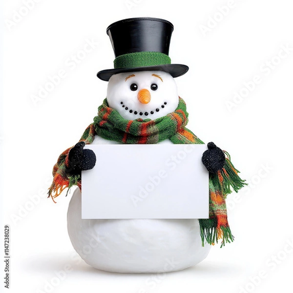 Fototapeta Smiling Snowman with Green Scarf and Blank Sign