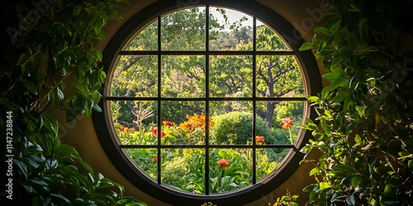 Fototapeta A circular window frames a vibrant garden filled with greenery and colorful flowers.