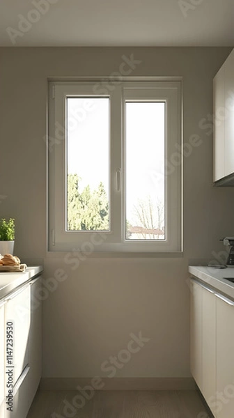 Obraz A bright kitchen scene featuring a window with a view of greenery outside.