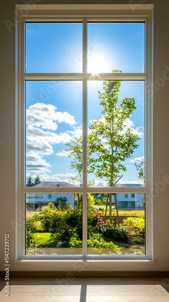 Fototapeta A bright view through a window showcasing a tree and garden under a sunny sky.