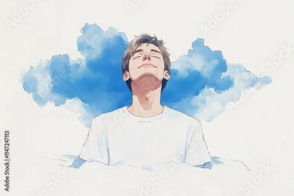 Fototapeta A man is looking up at the sky with a blue background