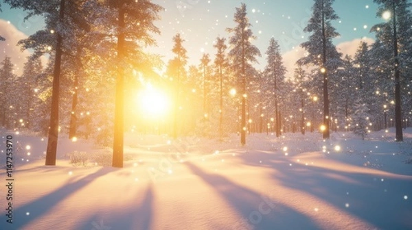 Fototapeta Snowy Winter Landscape with Sunlight and Sparkling Snowflakes