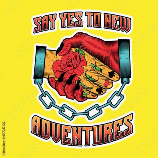 Fototapeta Old school tattoo illustration, neo trad of handcuffed handshake between man and the devil, man's hand tattooed with rose, lettering luck and playing cards, lettering written say yes to new adventures