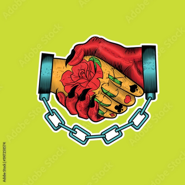 Fototapeta illustration of tattoo handshake between handcuffed man and devil, tattooed man's hand, colored with white border
