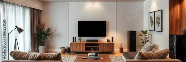 Obraz Wooden living room furniture with TV set and comfortable sofa, entertainment, decor, minimalist