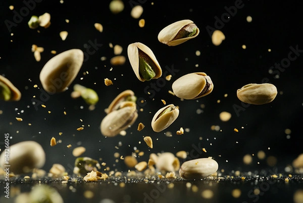 Obraz Pistachio nuts floating in air with details captured in a dark setting. Generative AI