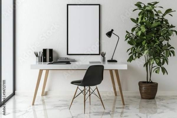 Fototapeta Clean home office with minimalist desk and vertical poster frame on marble floor, perfect for a fresh and orderly setup.