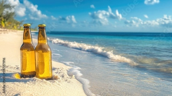 Fototapeta Golden beer bottles on white sand at the beach, with seawater lapping at the bottles, under a calm ocean and a wide blue sky