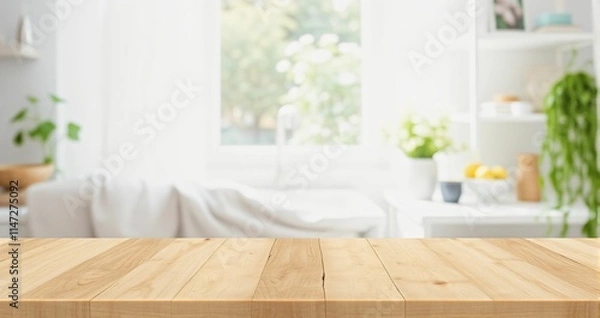 Obraz Bright and Airy Kitchen Interior Design with Wooden Tabletop Mockup, showcasing a minimalist and modern aesthetic with natural light