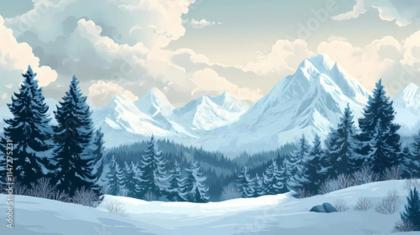 Fototapeta Panoramic winter landscape with snow-covered trees and majestic mountains under a cloudy sky, capturing the serene beauty of nature. Fjordic. Illustration