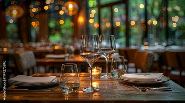 Obraz Romantic restaurant table setting with wine glasses, candlelight, and bokeh background.