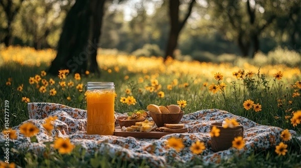 Fototapeta Enjoying a tranquil outdoor picnic in a sunlit flower meadow with refreshments and snacks on a cozy blanket