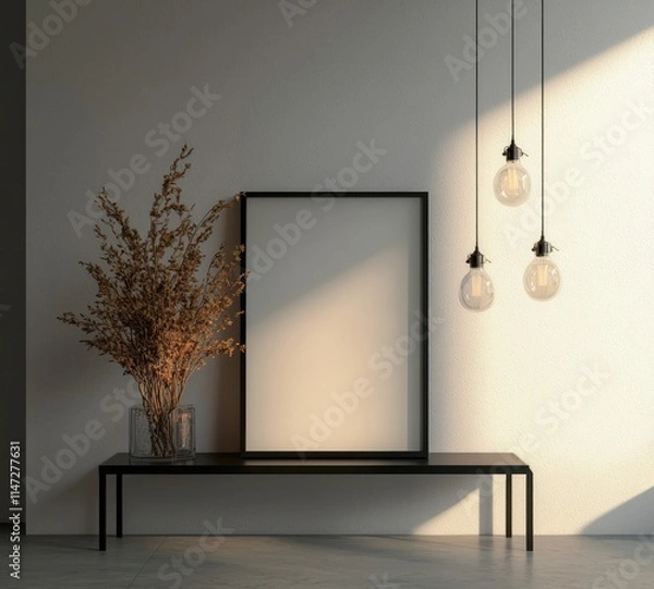 Fototapeta Empty frame in room with minimalist design, dried flowers, and soft light.