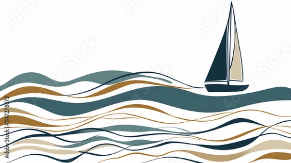 Obraz A minimalist illustration of a sailboat on stylized waves in earthy colors.