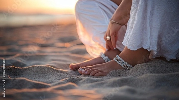 Obraz A serene moment at the beach with a woman adjusting her anklet while sitting on warm sand during sunset