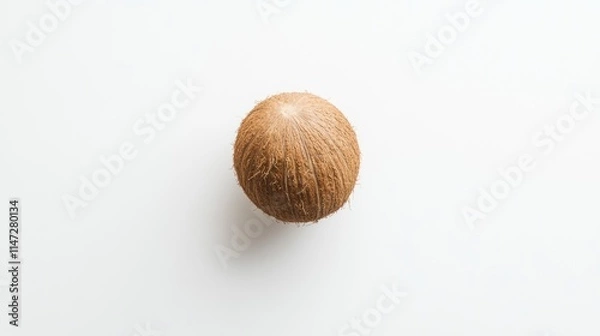 Fototapeta A Single Brown Coconut on a White Background