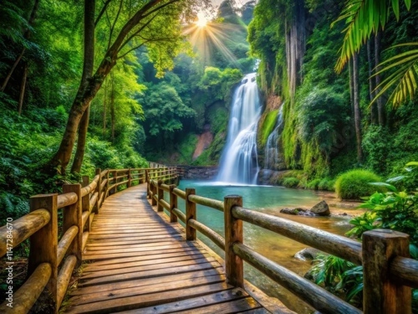 Fototapeta Lush jungle's scenic waterfall cascades down, a wooden fence lines the hiking trail, paradise found.