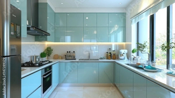 Obraz Modern L Shaped Kitchen Design With Teal Cabinets