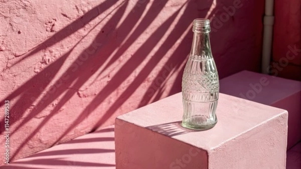 Fototapeta A single, empty glass bottle stands on a pink concrete platform, bathed in the soft, dappled light cast by the shadow of palm leaves on the wall.