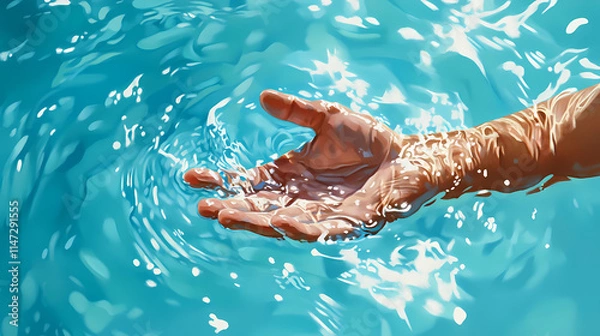 Fototapeta The image depicts a hand submerged in water, possibly from a pool or sea, capturing the feeling of refreshment and joy on a sunny day. Submerged. Illustration