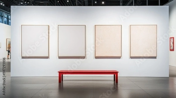 Fototapeta Art space with four empty canvases on white walls, red bench, side perspective, high-resolution shot.