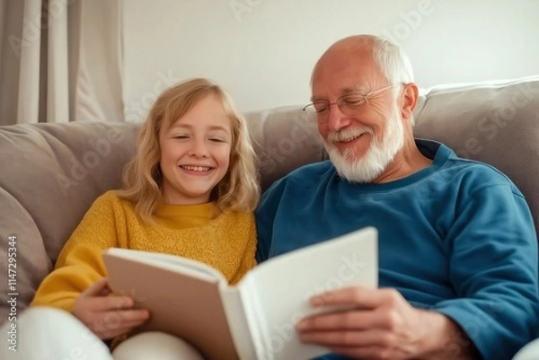 Fototapeta Grandfather and granddaughter enjoying quality time together, reading a book and smiling on a comfortable sofa
