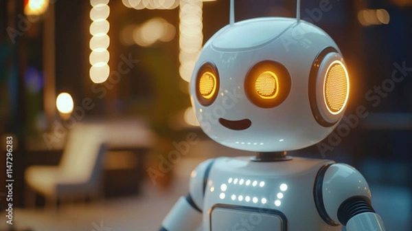 Fototapeta Robot with glowing eyes engaging with people at nighttime event.  