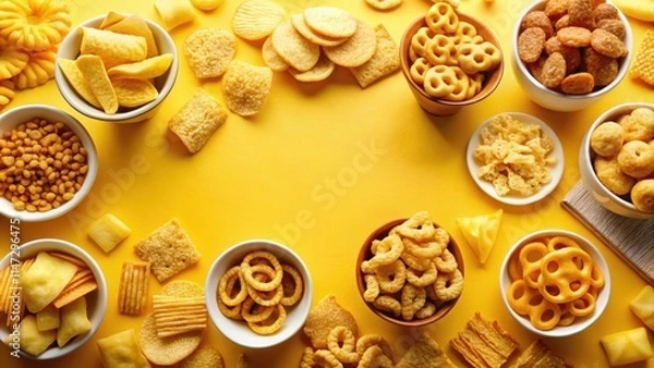 Fototapeta Assorted golden, crispy snacks on a vibrant yellow background , Snacks, golden, crispy, variety, vibrant, yellow, food