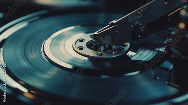 Obraz Vinyl record player spinning music in a dimly lit room.  